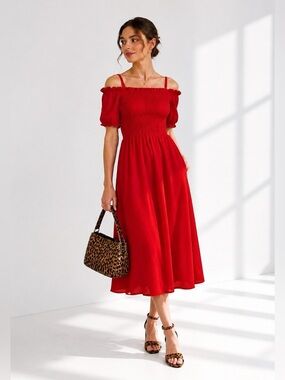 Red Smocked Midi Dress - Women Dresses